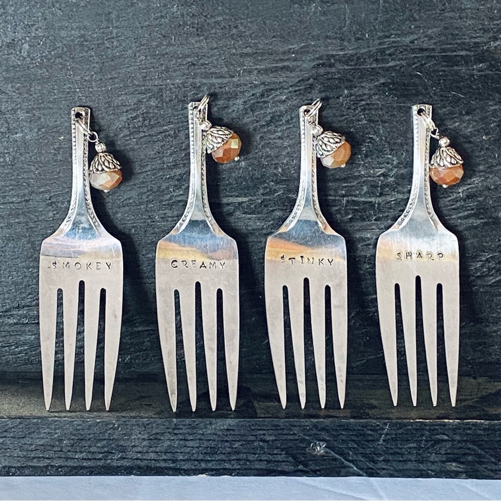 Handcrafted Cheese Forks Puritan Silverplate Set of 4 Sharp Creamy Stinky Smokey